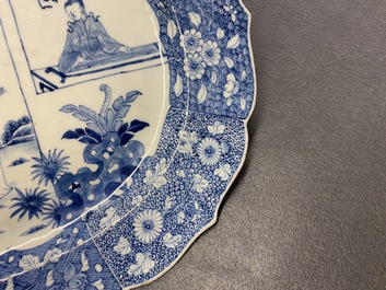 A large oval Chinese blue and white 'Romance of the Western Chamber' dish, Qianlong